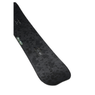 A black snowboard with a subtle dark gray floral pattern and a small green-and-white logo near the tail, shown on a plain white background.