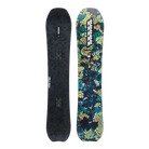 A snowboard shown from both sides against a plain white background. The left side shows the dark charcoal textured base, and the right side shows the colorful top graphic with a blue, green, and yellow floral pattern and the K2 brand logo.