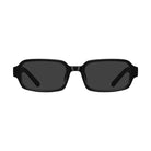 Black rectangular sunglasses with dark lenses, shown from the front on a light gray background.