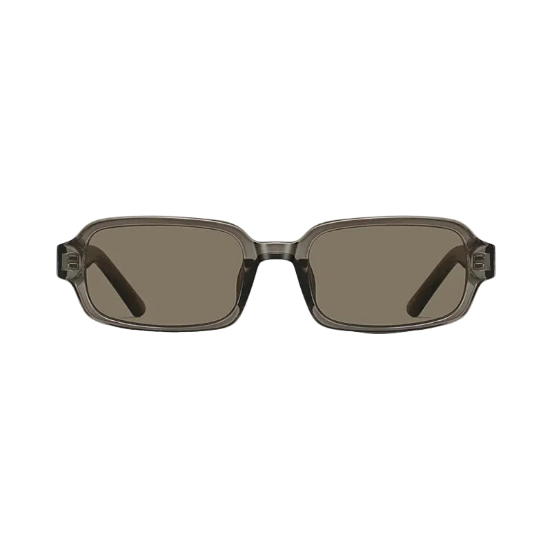 A pair of square-frame sunglasses with translucent smoky gray frames and brown-tinted lenses, shown from the front on a light gray background.