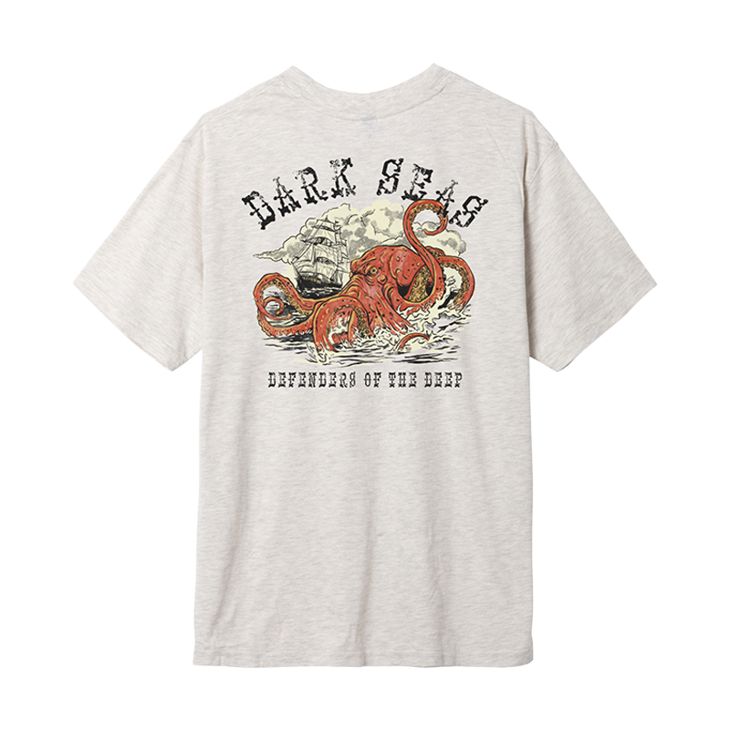 Gray t-shirt with an octopus and ship graphic and 'Dark Seas Defenders of the Deep' text on a white background