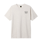 White t-shirt with a small logo on a white background