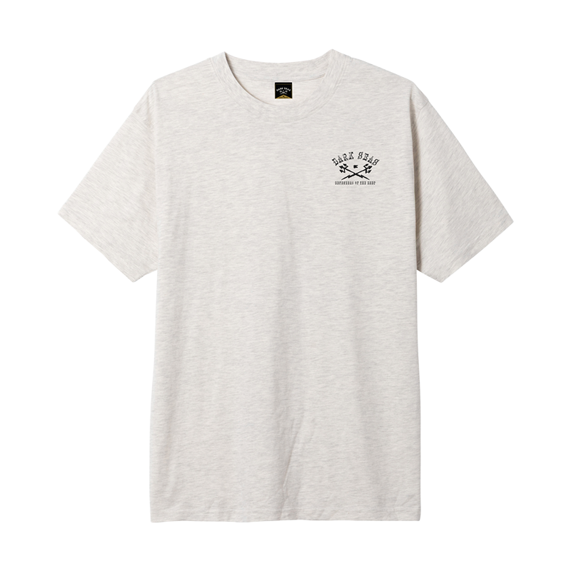 White t-shirt with a small logo on a white background