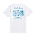 White short-sleeve t-shirt shown from the back, featuring a blue graphic print with the text 'Dark Seas' and 'Coconuts, Cocktails & Chaos' along with a fisherman and sailfish illustration.