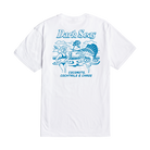 White short-sleeve t-shirt shown from the back, featuring a blue graphic print with the text 'Dark Seas' and 'Coconuts, Cocktails & Chaos' along with a fisherman and sailfish illustration.