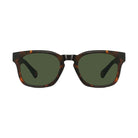 A pair of square sunglasses with a dark brown and black tortoiseshell frame and dark green lenses, shown against a light gray background.