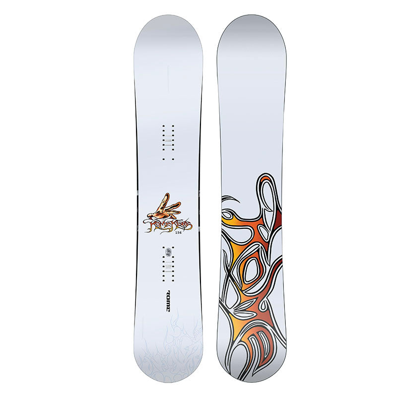 A pair of snowboard decks shown vertically side-by-side against a plain white background. The left board features a white base with a central graphic of a golden-brown rabbit and the brand name 'Rabbit' printed vertically near the bottom.