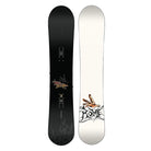 Two views of a snowboard shown side by side on a plain white background: the black top sheet with graphics and bindings visible, and the white base with a hand illustration and black tribal-style art.