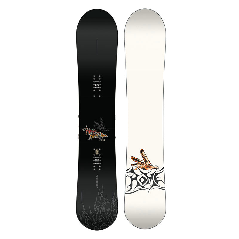 Two views of a snowboard shown side by side on a plain white background: the black top sheet with graphics and bindings visible, and the white base with a hand illustration and black tribal-style art.