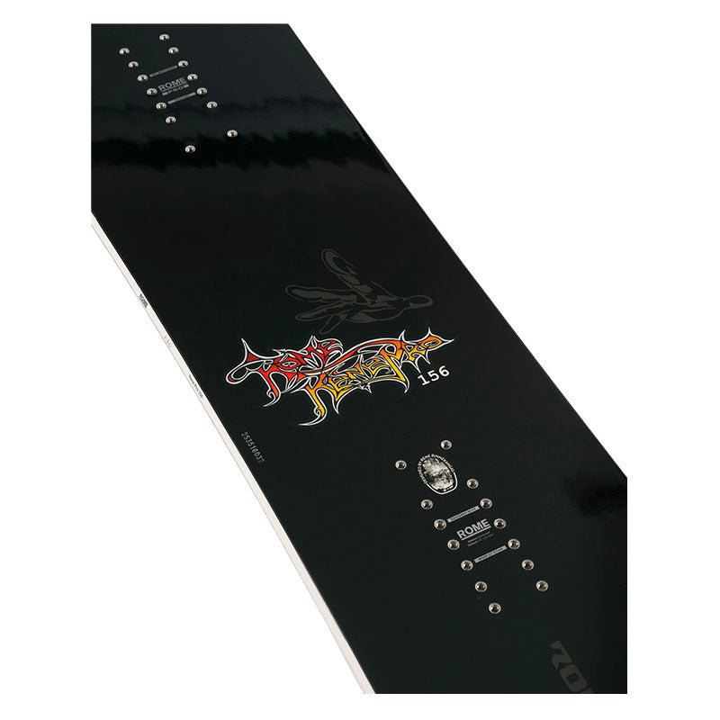 A black snowboard shown from a top-down angle on a white background.