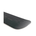 Close-up of a snowboard deck showing the tail with a dark charcoal/black finish, subtle gray flame-like graphic lines, and the 'ROME' brand logo near the tail, set against a plain white background.