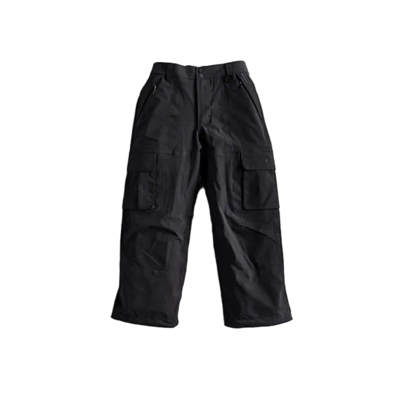 Black cargo pants with multiple utility pockets, laid flat on a light gray background.