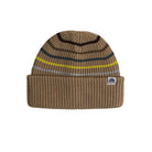 A brown ribbed knit beanie hat with horizontal stripes in black, dark blue, yellow, and light blue, featuring a small white embroidered logo patch on the cuff.