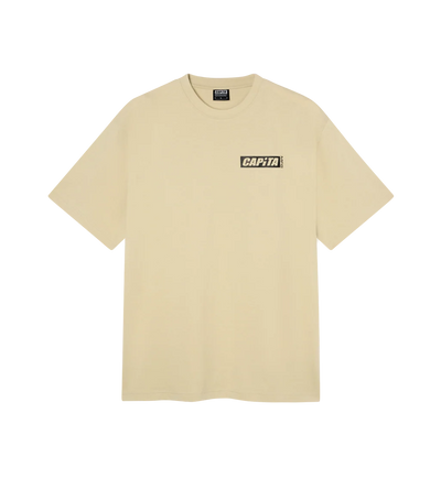 A light beige short-sleeve t-shirt with a small black and white 'CAPiTA' box logo printed on the left chest, displayed on a clean white background.