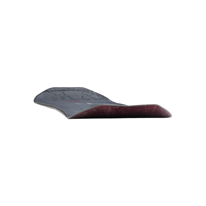 A skateboard deck shown from a side profile view against a solid white background, featuring a dark gray to black base with a glossy deep burgundy wood grain transition along the bottom edge.