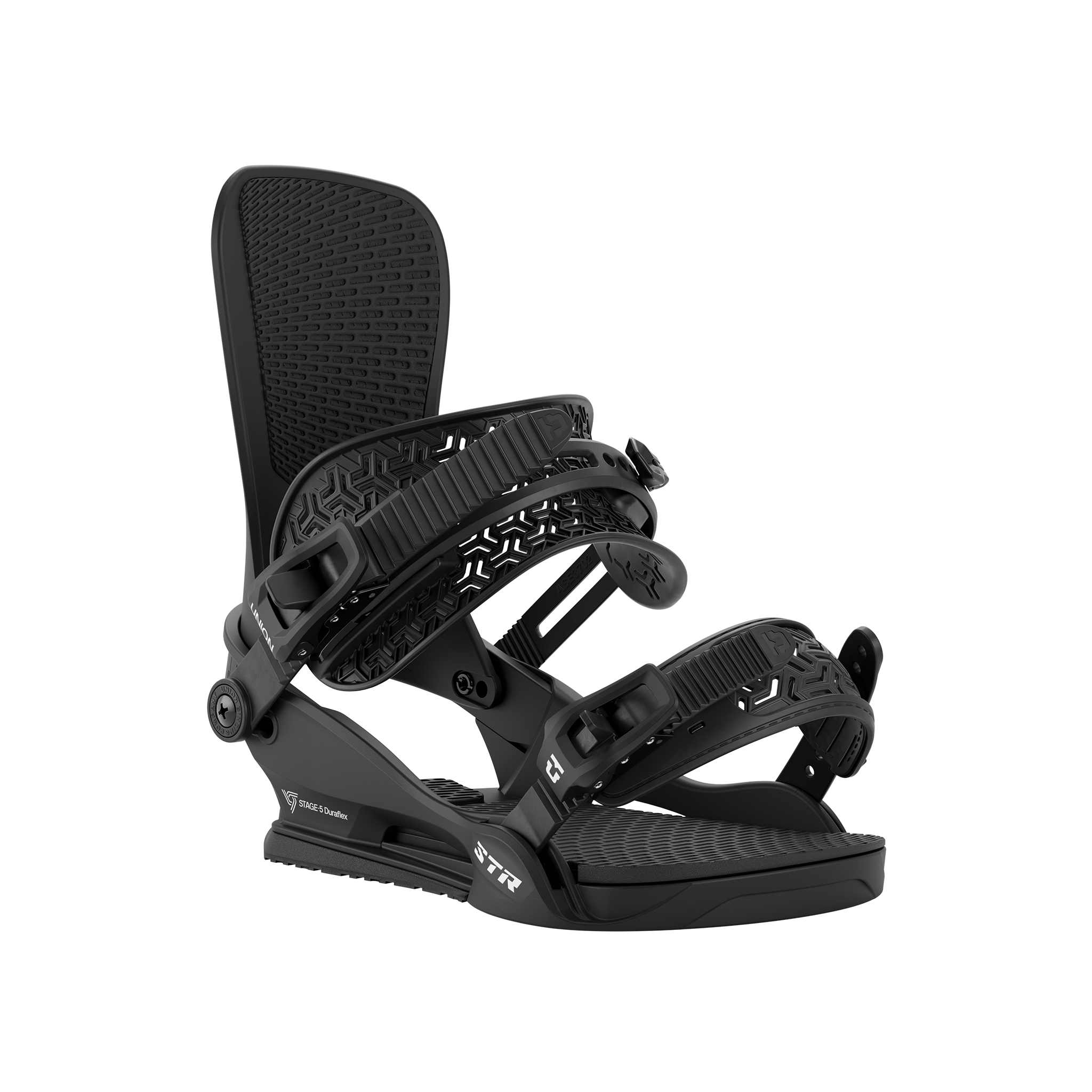 Black snowboard binding on a white background
