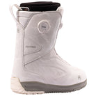 A single snowboard boot in white with a subtle gray marbled pattern, featuring a BOA dial closure system and the word 'NITRO' on the side, set against a plain white background.