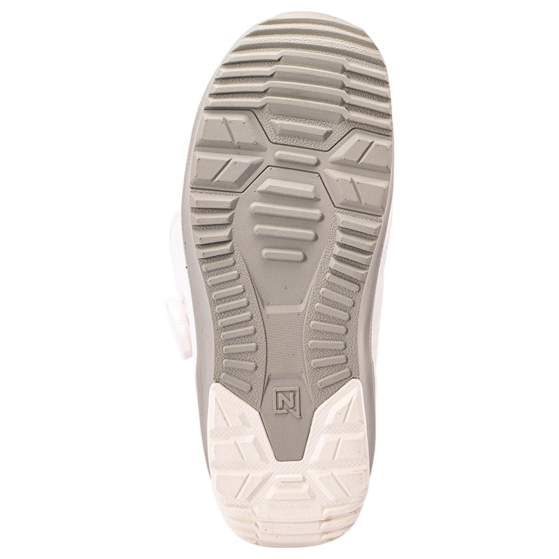 The outsole of a shoe shown from a top-down view, featuring a textured gray tread pattern with a white section at the heel and toe.