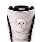 Close-up of a snowboard boot featuring a white BOA dial closure system, light gray suede and mesh panels, black trim, and a black tongue label with the white brand name NITRO.