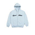 A light heather gray zip-up hoodie with 'Beyond Medals' printed in black script across the chest, displayed on a solid gray background.