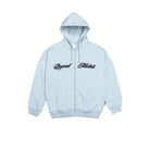 A light heather gray zip-up hoodie with 'Beyond Medals' printed in black script across the chest, displayed on a solid gray background.
