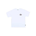 A white short-sleeve crewneck t-shirt with a small black graphic print on the left chest, displayed flat against a solid gray background.