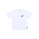 A white short-sleeve crewneck t-shirt with a small black graphic print on the left chest, displayed flat against a solid gray background.