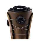 Close-up of a brown and black Nitro snowboard boot featuring a black BOA dial closure system and white laces, set against a solid white background.