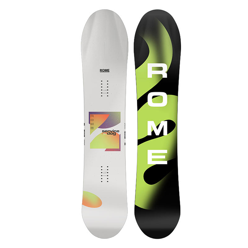 Two views of a snowboard shown side by side on a plain white background: the top is white with a colorful Service Dog graphic and small ROME branding, and the Base is black with a bright neon green abstract design and large white ROME lettering.