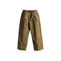 A pair of olive green snow pants with an elastic waistband and a small circular logo on the left thigh, displayed flat against a light gray background.