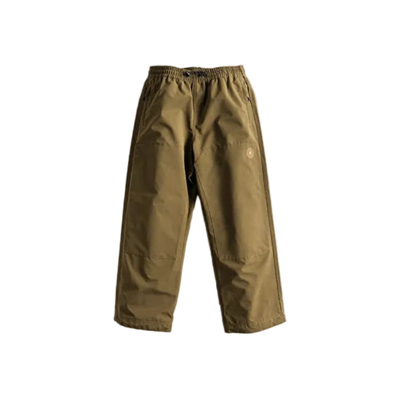 A pair of olive green snow pants with an elastic waistband and a small circular logo on the left thigh, displayed flat against a light gray background.