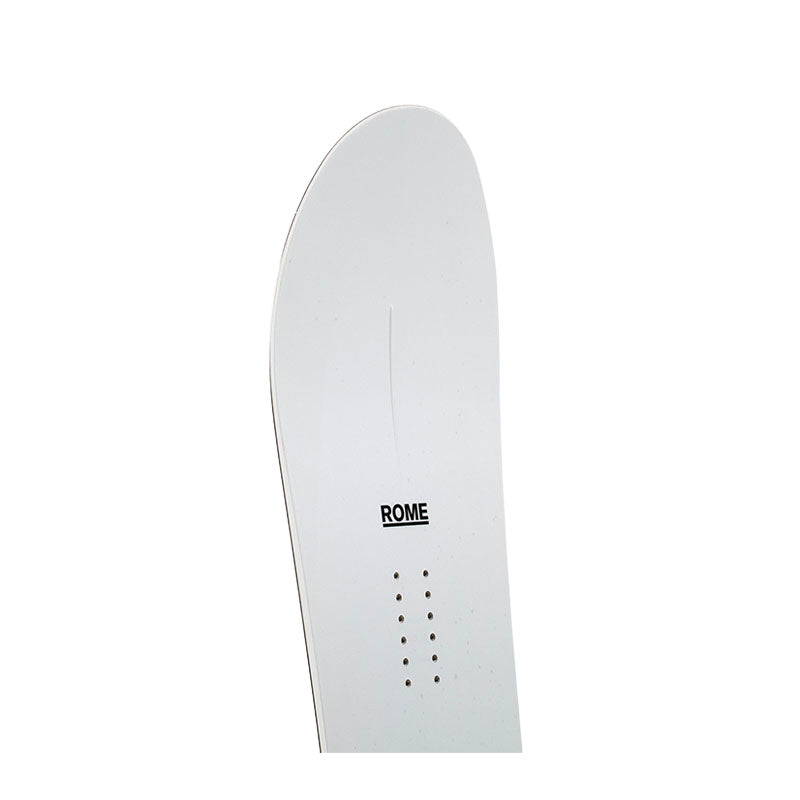 A white snowboard deck with a black 'ROME' logo and binding hole pattern, shown vertically against a plain white background.