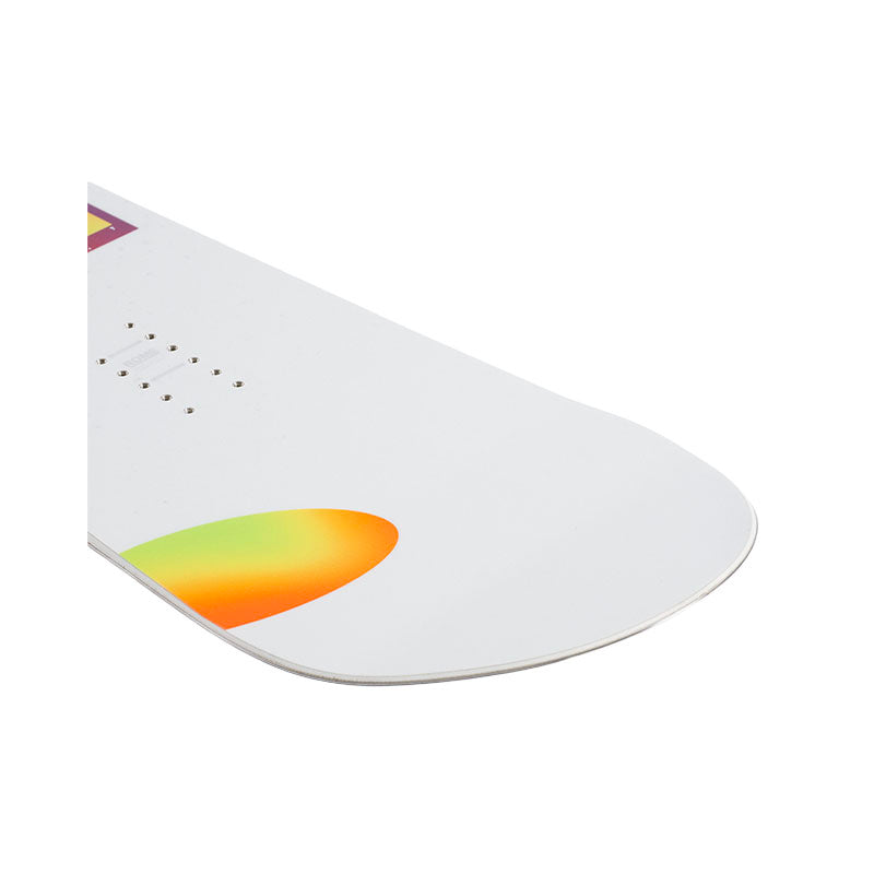 Close-up of the tail end of a white snowboard with a colorful gradient graphic in green, orange, and yellow, and visible binding hole patterns.