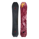 Two snowboard topsheets shown upright against a solid black background, displaying the base and backings. The left board has a dark gray base with subtle white line art and small red accents.