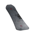 A snowboard shown from the base side, featuring a dark gray and black abstract map-like graphic with small red square accents, isolated on a white background.