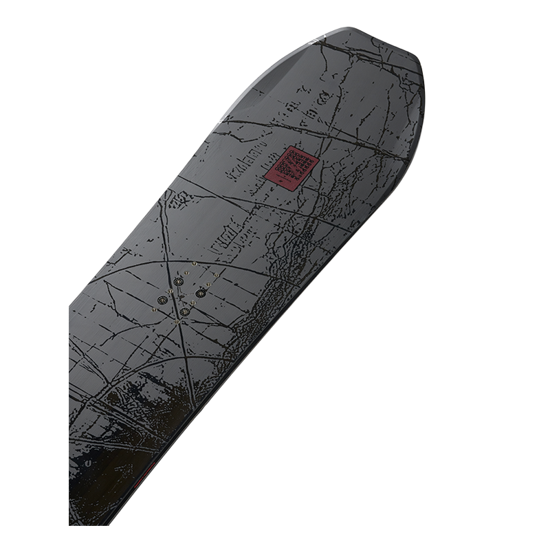 A snowboard shown from the underside, featuring a dark gray and black map-style graphic print with a small red square logo near the center, isolated on a white background.