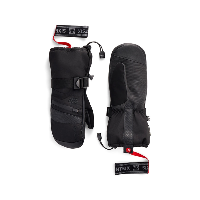 A pair of black Axis snow gloves shown flat against a white background, with red drawstrings and black wrist straps featuring the white AXIS logo.