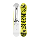 Two snowboards, one white with black graphics and the other yellow with 'Springbreak' text, on a white background.