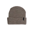 A black and beige patterned knit beanie hat with a folded cuff, shown against a plain white background.
