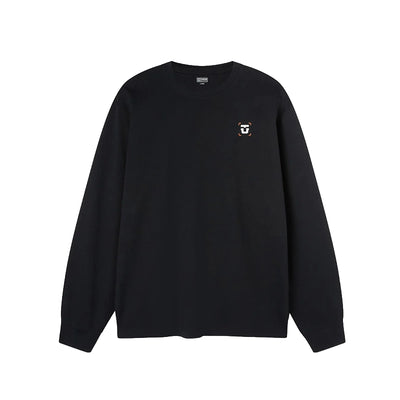 A black crewneck Long Sleeve Tee shirt with a small embroidered cartoon bear face on the left chest, displayed against a solid white background.