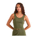 A woman modeling a ribbed olive green sleeveless crop top and matching skirt against a solid white background.