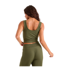 A woman shown from the back wearing a matching ribbed knit two-piece set in olive green, featuring a sleeveless crop top and high-waisted pants, against a plain white background.