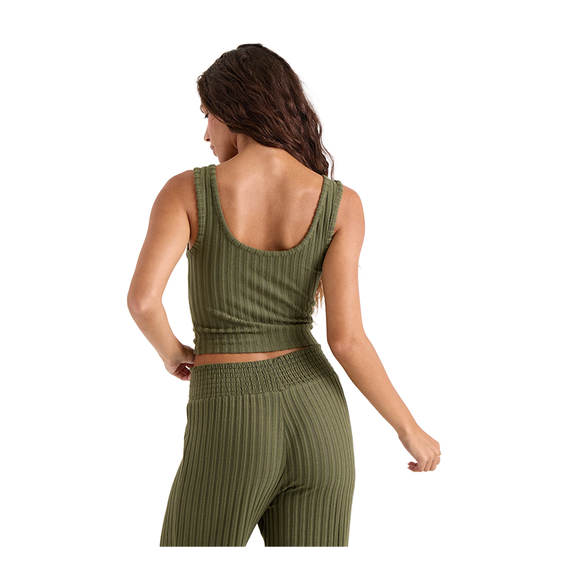 A woman shown from the back wearing a matching ribbed knit two-piece set in olive green, featuring a sleeveless crop top and high-waisted pants, against a plain white background.