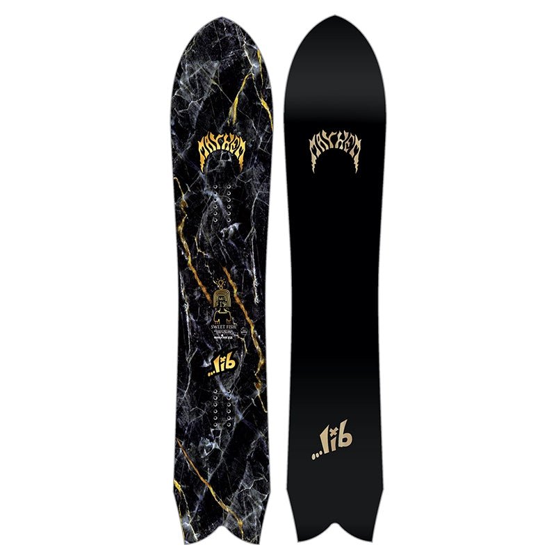 A snowboard shown from both sides against a plain white background. The left side shows a black and white marble pattern with gold accents and the 'MISCEREON' brand logo, while the right side shows a solid black finish with the gold 'MISCEREON' logo and '116' near the tail.