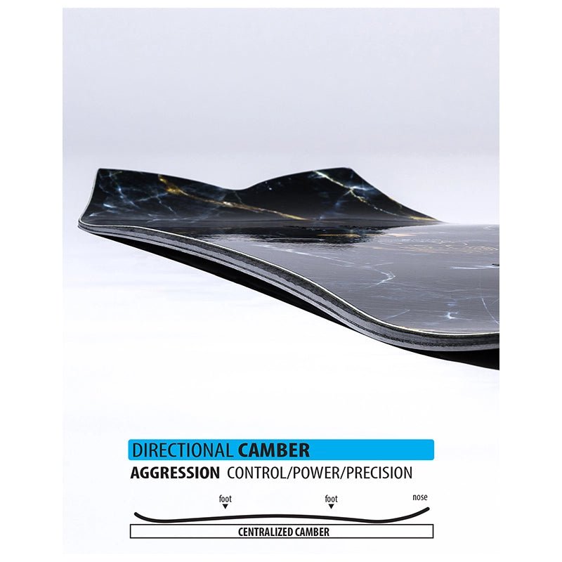 A close-up of a skateboard deck showing directional camber with a glossy black and gray marble pattern and subtle gold veining. Below the deck, text reads 'DIRECTIONAL CAMBER', 'AGGRESSION CONTROL/POWER/PRECISION', and 'CENTRALIZED CAMBER' with simple camber diagrams.