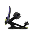 A single snowboard binding shown in profile on a plain white background. The binding is predominantly black with a purple rear rail, lime green accents, and gray textured foam pads.
