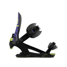 A single snowboard binding shown in profile on a plain white background. The binding is predominantly black with a purple rear rail, lime green accents, and gray textured foam pads.