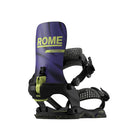 A single snowboard binding shown on a plain white background. The binding has a dark purple upright with lime green 'ROME' and 'KATANA' text, a black base and straps, and small lime green accents.