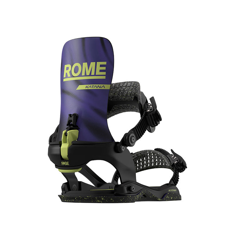 A single snowboard binding shown on a plain white background. The binding has a dark purple upright with lime green 'ROME' and 'KATANA' text, a black base and straps, and small lime green accents.