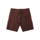 A pair of dark brown board shorts with black and orange side stripes, shown from the back on a white background.